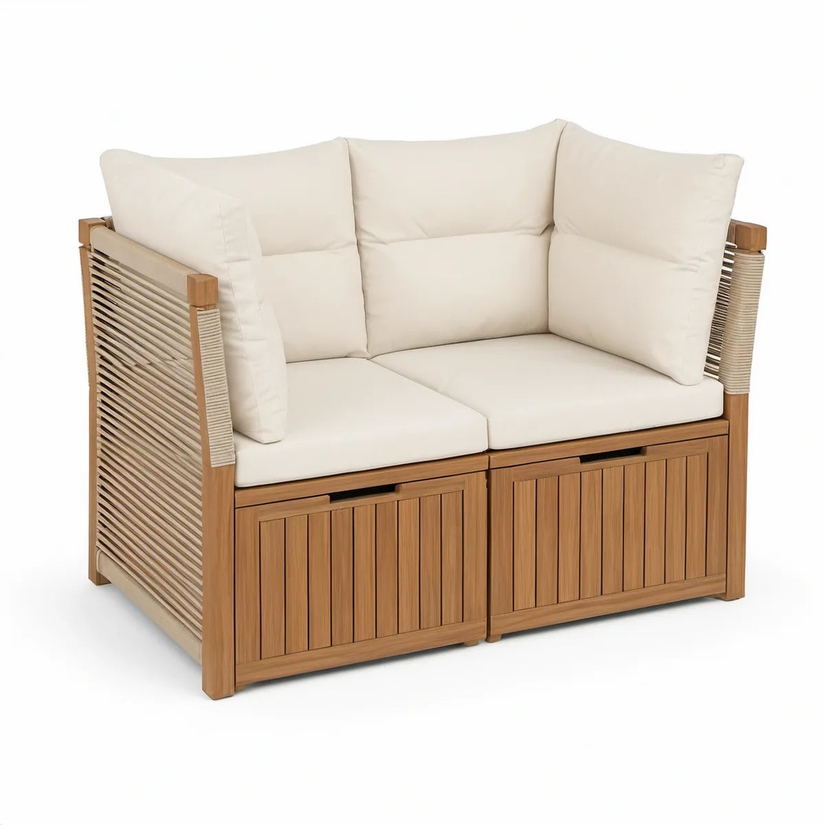 2-osobowa sofa ogrodowa z 2 schowkami, 130 x 75 x 80 cm, drewno akacjowe, naturalny brąz/kremowy