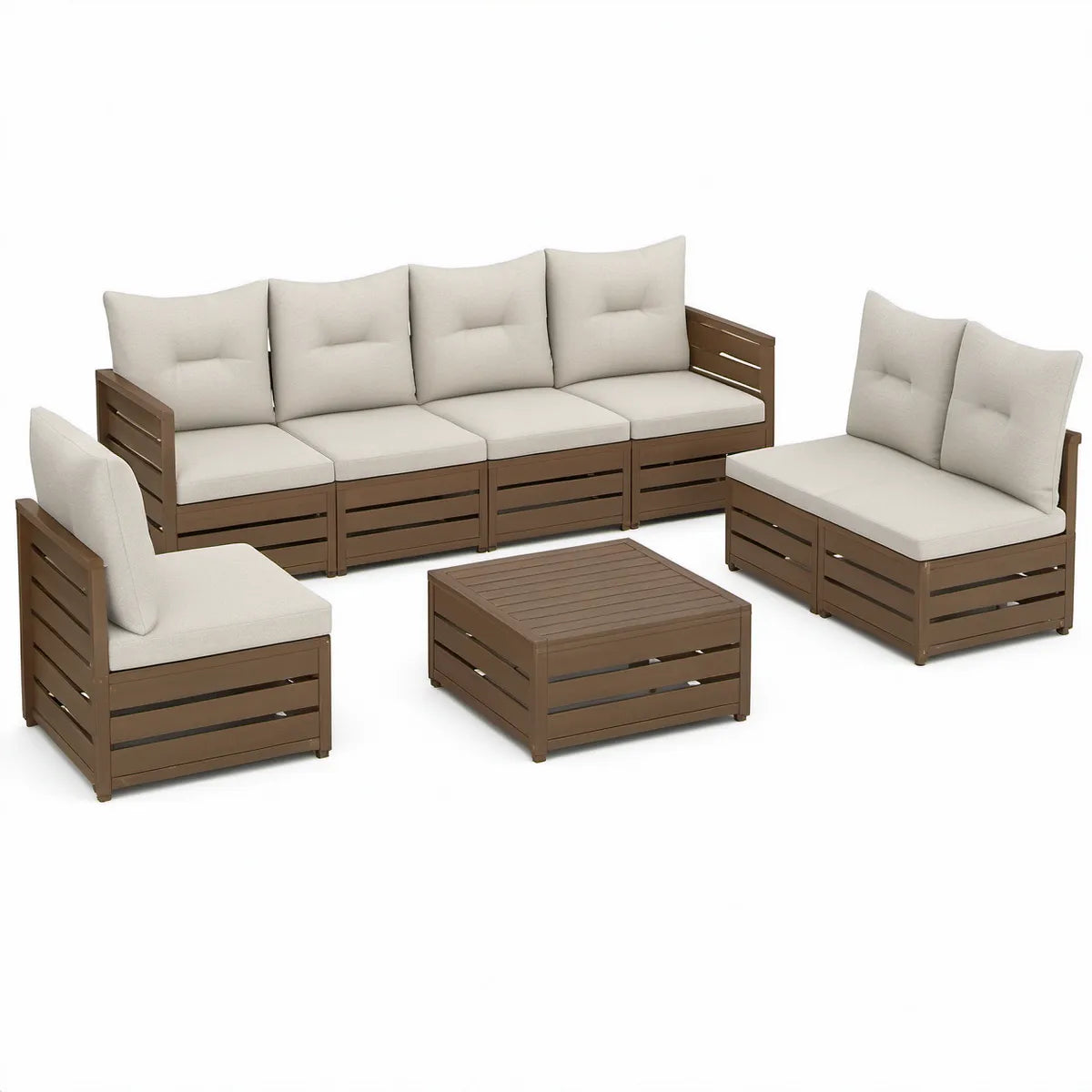 7-częściowy zestaw ogrodowy z drewna akacjowego, brązowy/kremowy – sofa 280 × 70 × 70 cm, fotele 70 × 70 × 70 cm, stolik 60 × 60 × 30 cm