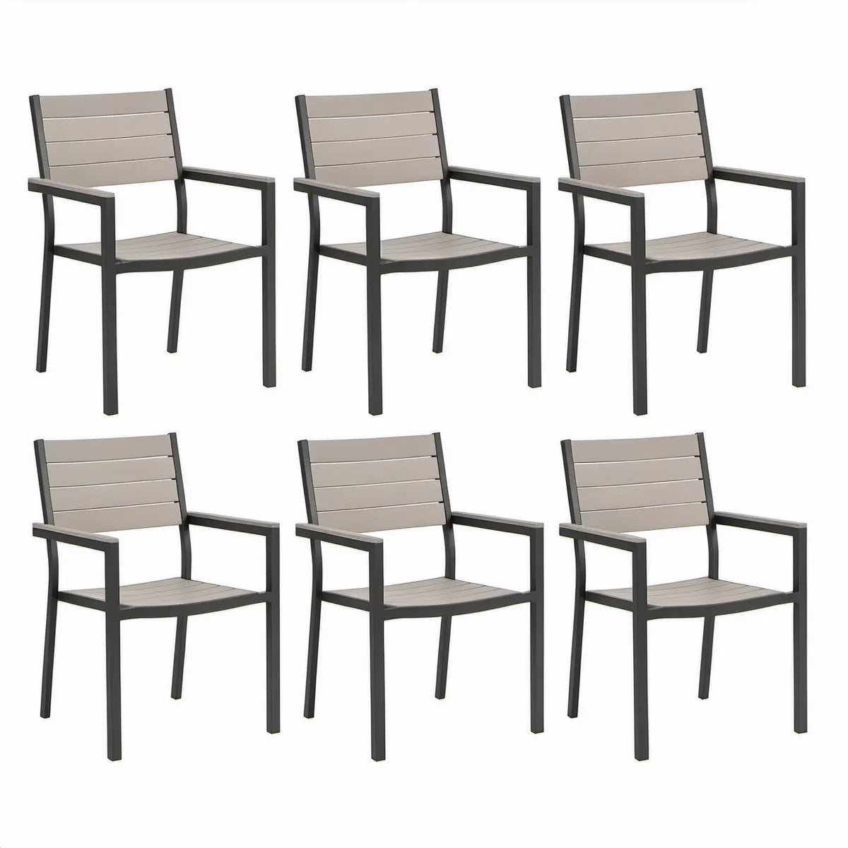 Zestaw 6 krzeseł ogrodowych z podłokietnikami 55,5 × 65,5 × 95 cm, stal i WPC, szaro-czarny