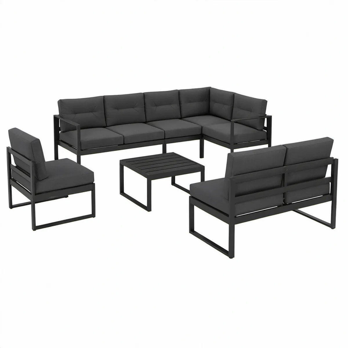 Czarny zestaw wypoczynkowy z poduszkami: narożnik 235 × 178 × 70 cm, sofa, fotel i stolik
