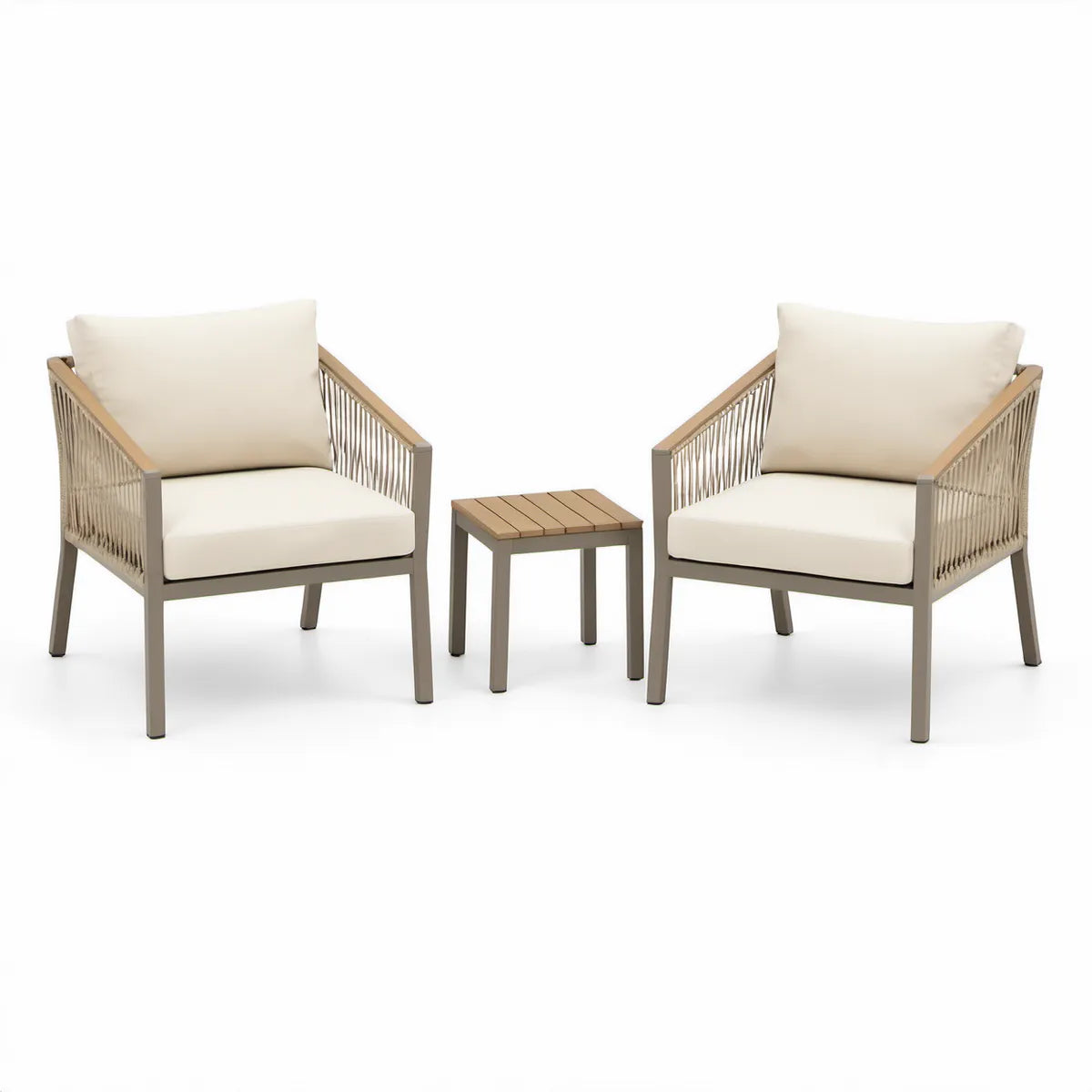 Zestaw 2 foteli ogrodowych ze stolikiem, aluminium i plecionka PP, taupe/beżowy/kremowy/jasnobrązowy, fotele 65 x 70 x 78 cm, stolik 45 x 45 x 45 cm